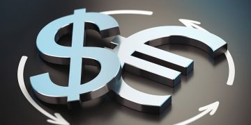 EUR and USD Pair over black background with arrow symbol of exchange