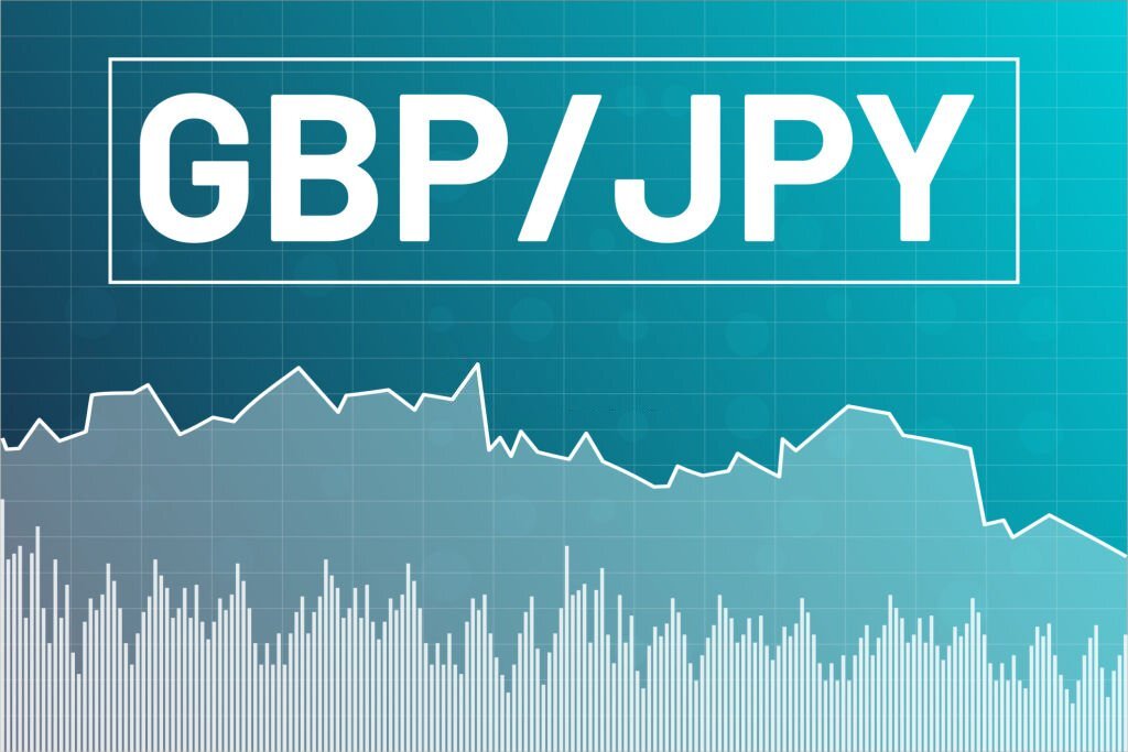 Graph currency pair GBP, JPY on blue finance background from columns and lines. Financial market concept