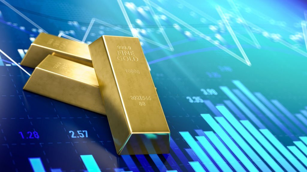 Gold Bars Sitting in Front of Bar Graph. 3d Render
