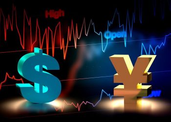 3D rendering of US Dollar and Japanese Yen currency exchange with chart background.