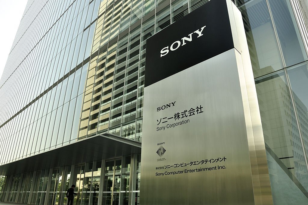 Shinagawa, Tokyo, Japan - May 20, 2011: Sony plaque infront of their technology building at Shinagawa Technology Center, Shinagawa INTERCITY C Tower, 2-15-3 Konan, Minato-ku, Tokyo. Home of Sony Computer Entertainment Inc. The Office block is shown behind.