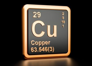 Copper Cu, chemical element. 3D rendering isolated on black background