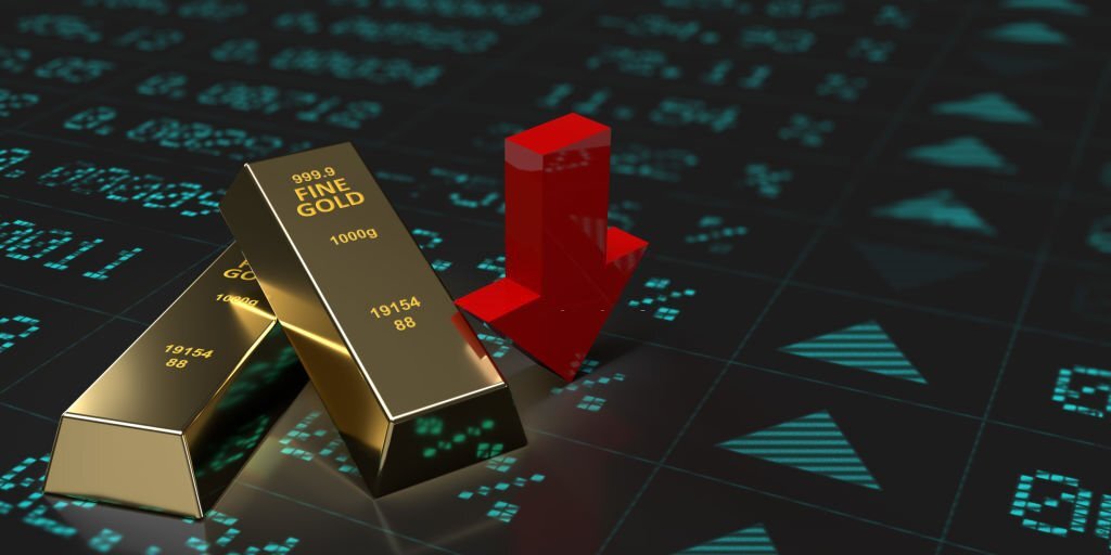 3D rendered, gold bars and red down arrow on dark stock market financial graph surface. Large copy space.