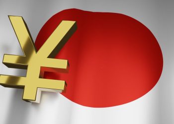 JYP Yen Currency Sign of Japanese Money Exchange on Japan Flag for Business Financial background, 3D Rendering.