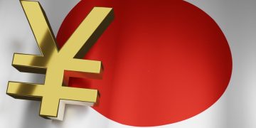 JYP Yen Currency Sign of Japanese Money Exchange on Japan Flag for Business Financial background, 3D Rendering.