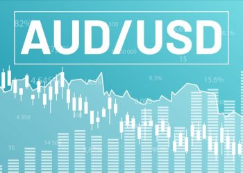 Graph currency pair AUD, USD on blue finance background from columns, lines, candlesticks, numbers. Financial market concept