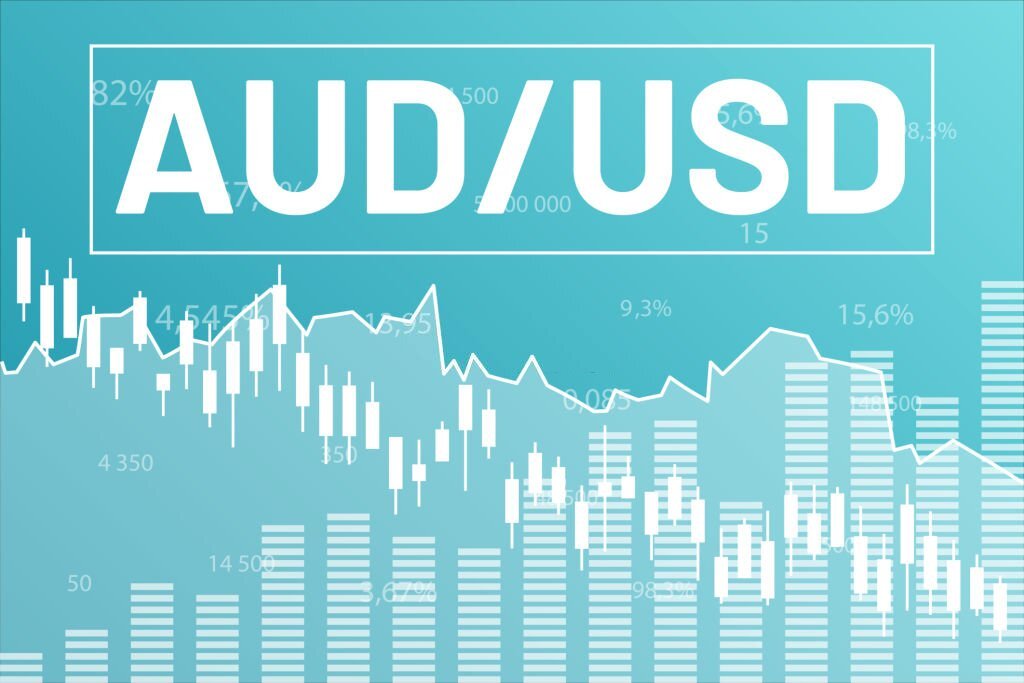Graph currency pair AUD, USD on blue finance background from columns, lines, candlesticks, numbers. Financial market concept