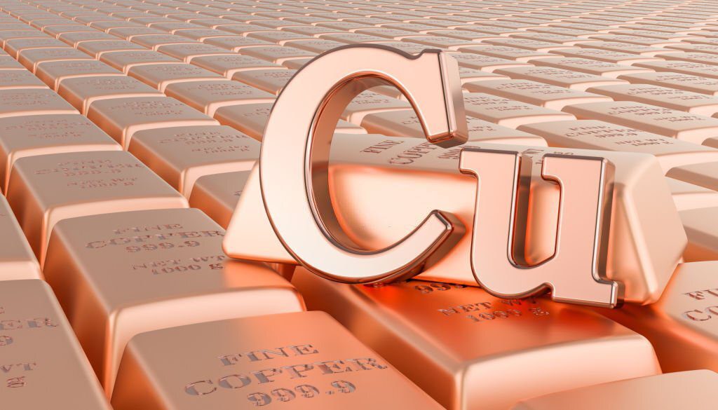 Copper ingots background with Cu symbol. 3D rendering