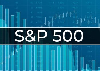 American financial market index S and P 500 (ticker SPX) on blue finance background from numbers, graphs, bars. Trend Up, Down, Flat. Stock market concept