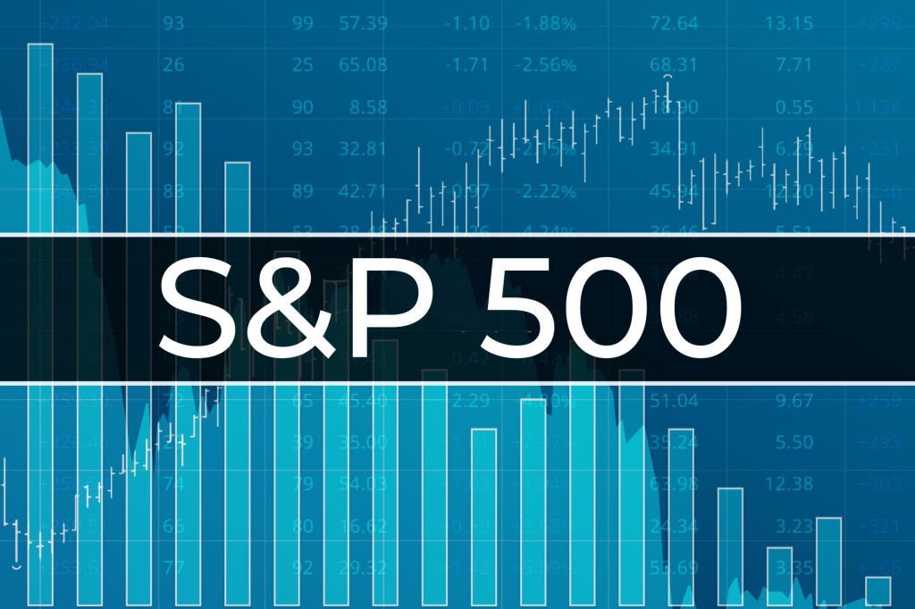 American financial market index S and P 500 (ticker SPX) on blue finance background from numbers, graphs, bars. Trend Up, Down, Flat. Stock market concept