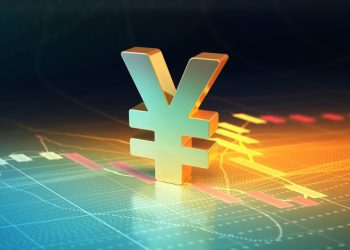 3d render Japanese Yen Sign Sitting on Blue Yellow Financial Stock Exchange Chart Background (Depth of field)