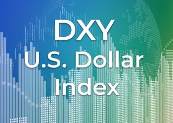 Price change on trading DXY (U.S. Dollar index) on blue and green finance background from graphs, charts, columns, pillars, candles, bars, numbers. Trend Up and Down, Flat. 3D illustration. Financial derivatives market concept