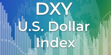 Price change on trading DXY (U.S. Dollar index) on blue and green finance background from graphs, charts, columns, pillars, candles, bars, numbers. Trend Up and Down, Flat. 3D illustration. Financial derivatives market concept